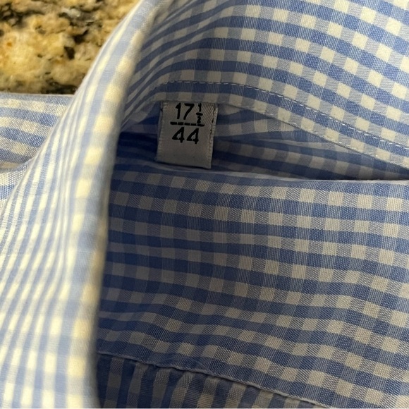 Saks Fifth Avenue Button Down Shirt Mens 17.5 Custom Made Blue Checkered Gingham - Picture 9 of 11